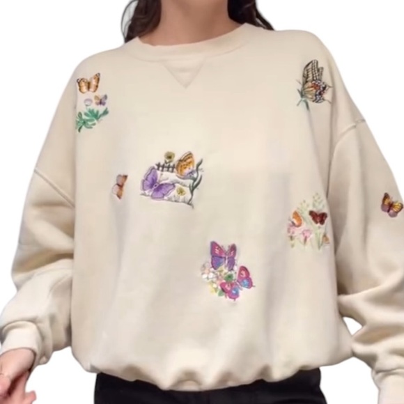Vintage Russell Embroidered Butterfly Garden Tan Cream Crewneck Sweater XXL - Picture 1 of 8